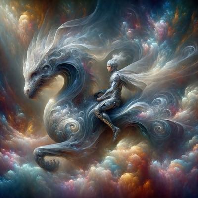 Primary subject: A person riding a dragon.

Setting/background: A colorful, swirling, and cloudy sky.

Visual style: Digital art.

Colors and mood: The image is vibrant and full of energy, with a mix of blue, green, and pink hues. The mood is lively and imaginative, as the person rides the dragon through the clouds.